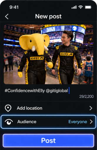 Instagram New post screen showing caption, Audience set to Everyone, and Post button