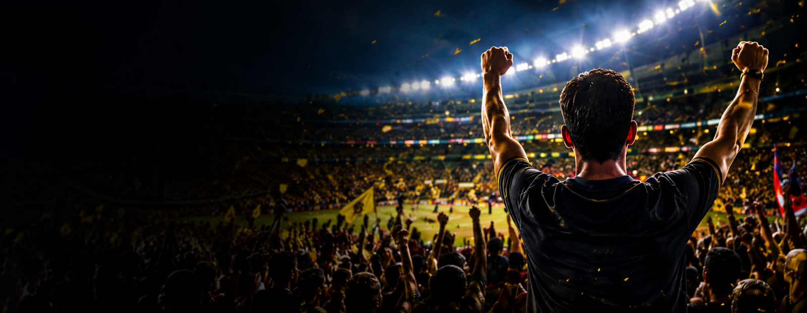 Football supporters celebrating inside a floodlit stadium